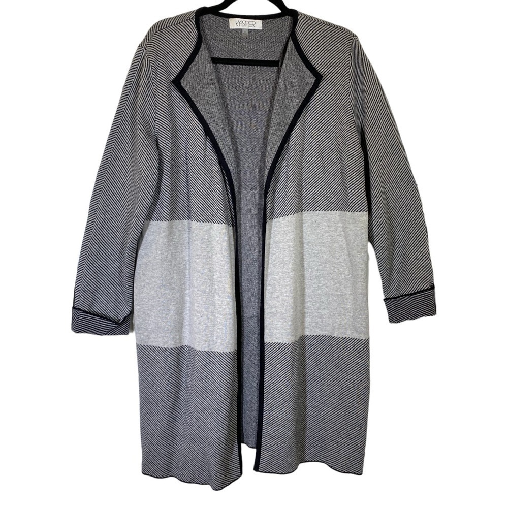 Kasper women's size XL color block duster open front cardigan sweater black grey
